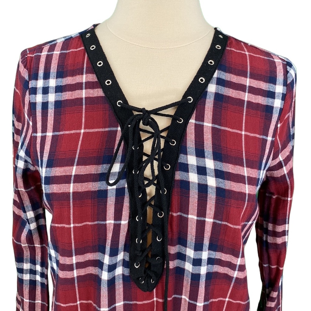 Windsor Burgundy Plaid Lace Up Tunic - Picture 2 of 13